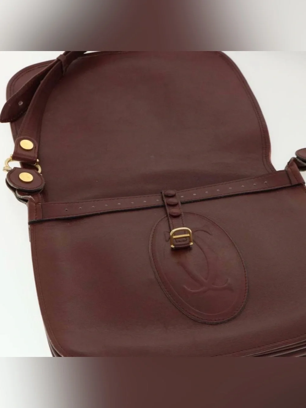 CARTIER Shoulder Bag Suede Leather Wine Red Auth 35725